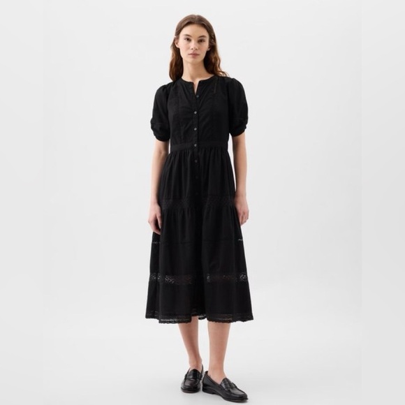 NWT! GAP Black Puff Sleeve Lace Midi Dress - Multiple Sizes🧡 - Picture 1 of 8